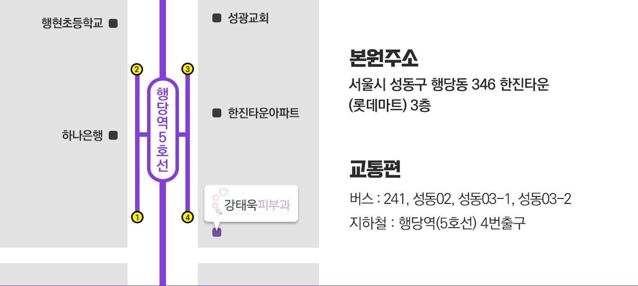 본원주소는 서울시 성동구 행당동 346 한진타운 롯데마트 3층, 교통편은 버스는 241번, 성동02번, 성동03-1번, 성동03-2번, 지하철은 행당역 5호선 4번출구